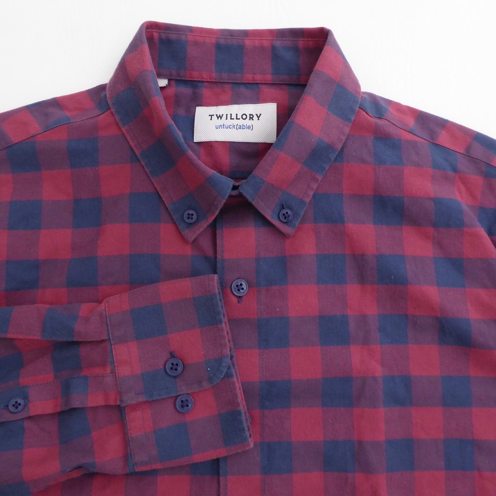 Twillory Mens Untuckable Shirt Maroon Red Blue Check Tailored Fit M-L
